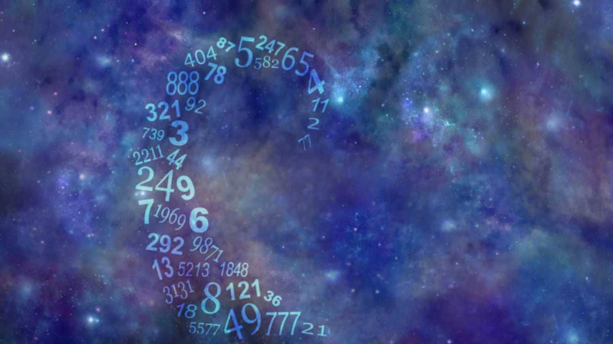 A galaxy background with floating numbers, representing numerology and cosmic themes, showcasing a vibrant array of colors and a mystical atmosphere.