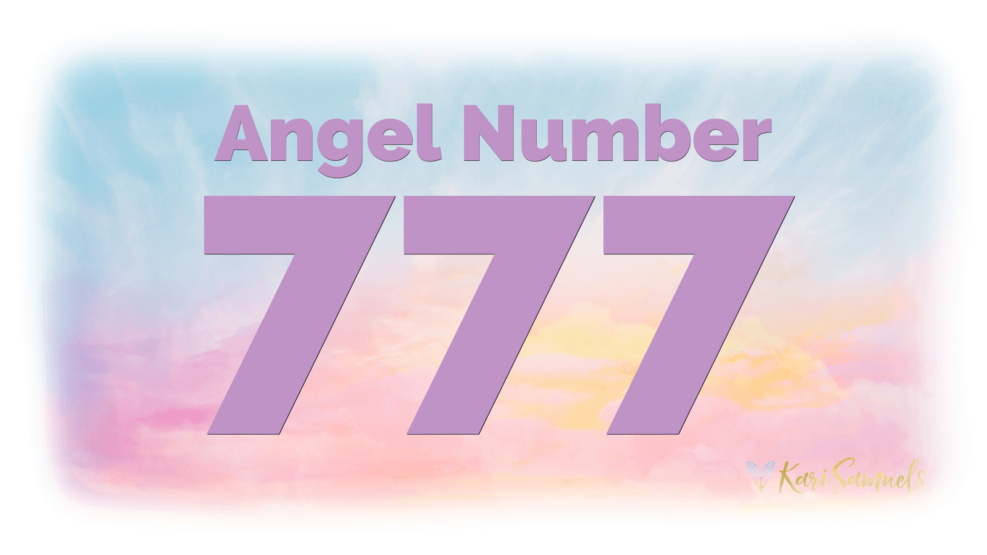 Angel number 777 with hints of yellow, pink, and blue clouds in the back.