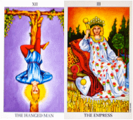 Hanged Man and Empress Tarot Birth Cards.