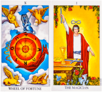 Wheel of fortune and the magician tarot cards.