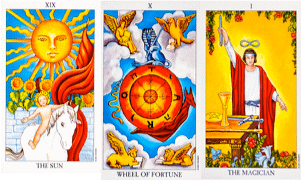 Sun, Wheel of fortune, and the Magician tarot birth cards.