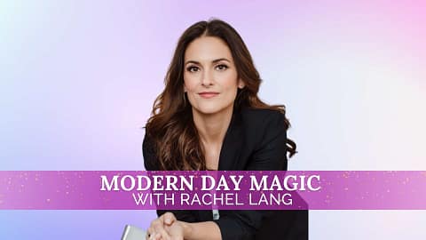 Professional portrait of Rachel Lang, a woman with long brown hair in a black blazer, seated with a confident expression. The background features a soft purple gradient, highlighting her podcast episode on modern spirituality.