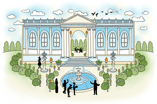 A white and blue palace-like house with a fountain.