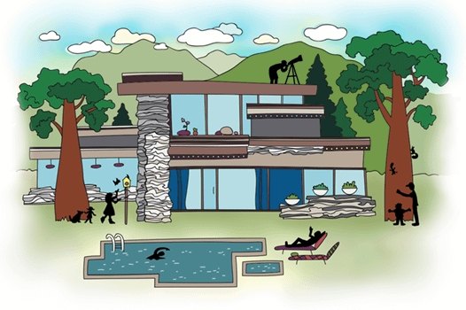 A modern stone house design and a pool in the front.