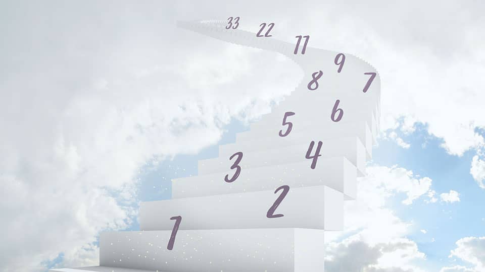 Life path numbers on a white stairs going up to the clouds.
