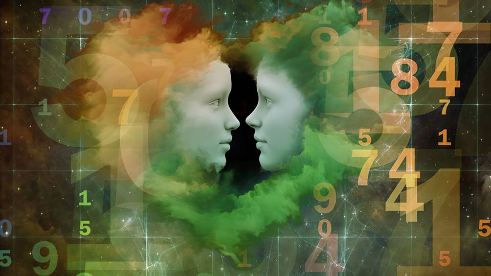 Numerology relationships with two faces face-to-face with green tint.