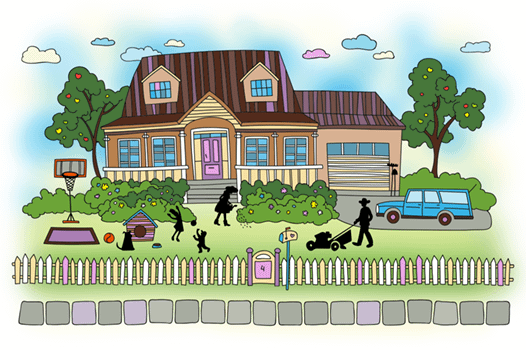 Home numerology with a bungalow house and the family outisde.