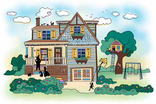 Family on the house with treehouse. and playground.