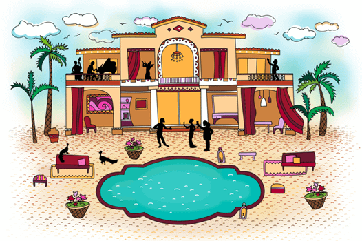 Spanish house and a pool with people enjoying.