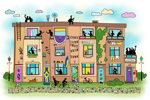 A building with colorful decoration and friendly neighborhood.